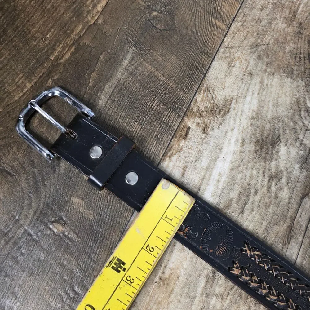 Cindilo Mexico Black Tooled Leather Western Belt Braided Cowboy 42 Distressed